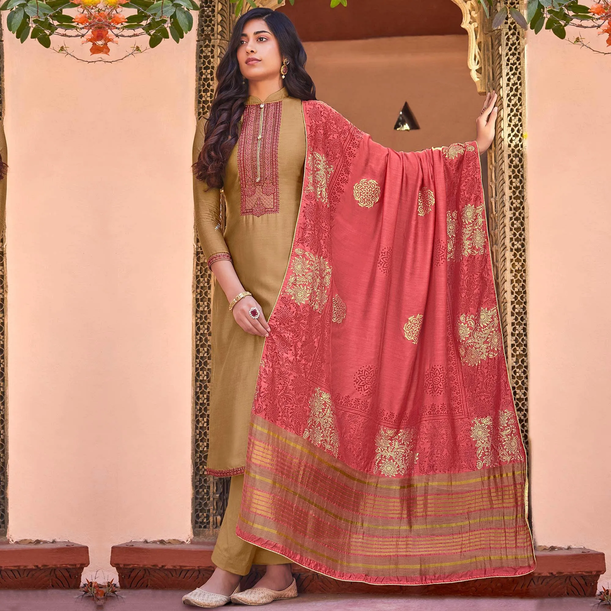 Brown Festive Wear Embroidered Viscose Cotton Silk Salwar Suit