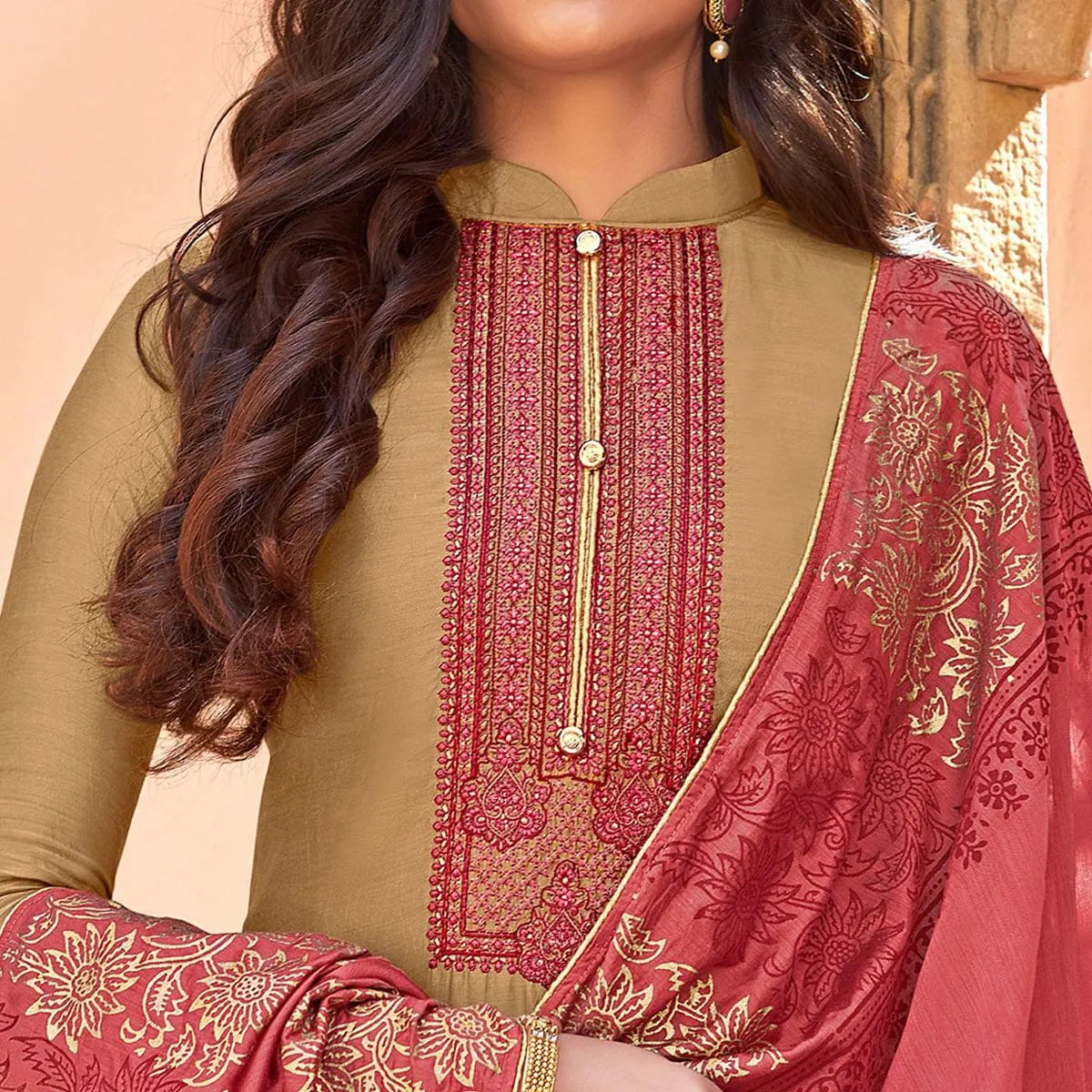Brown Festive Wear Embroidered Viscose Cotton Silk Salwar Suit