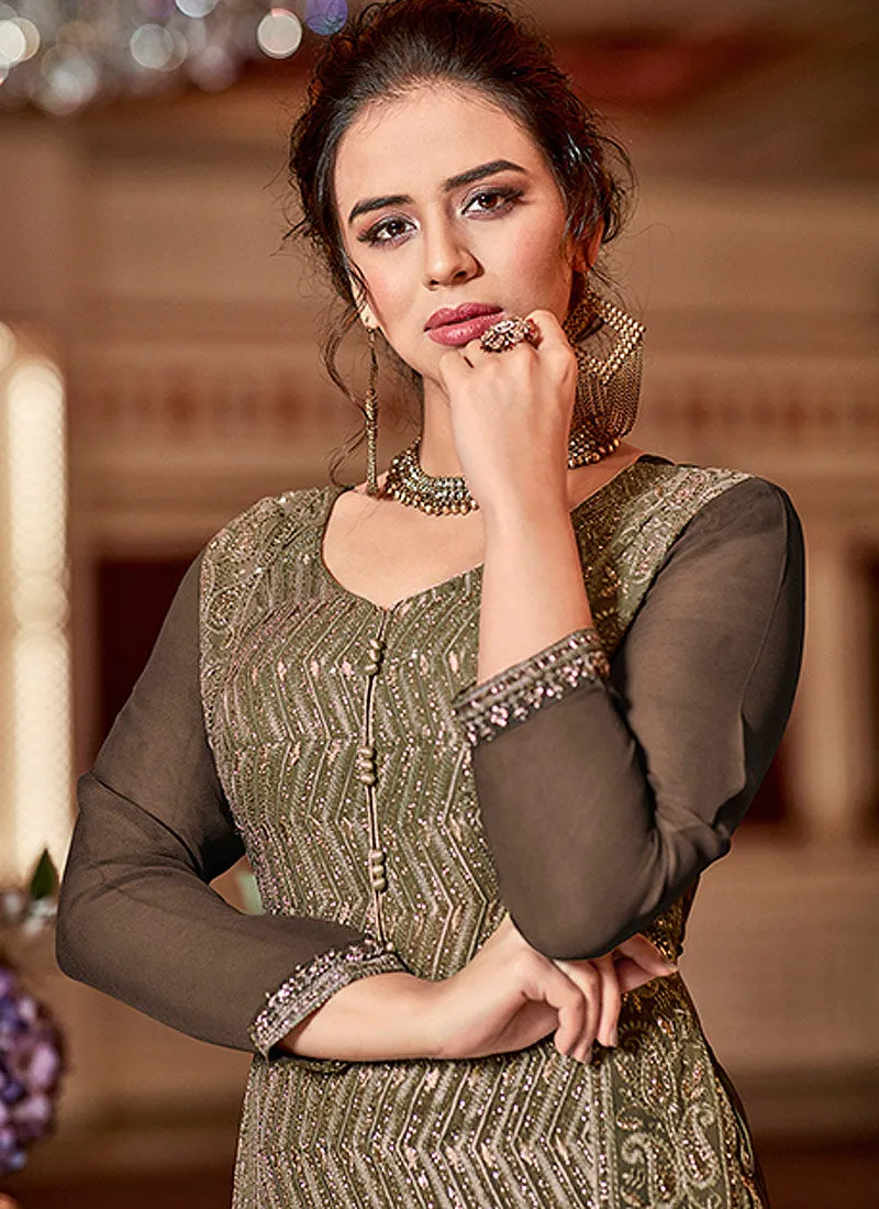 Brown Golden Traditional Embroidered Georgette Sharara Suit
