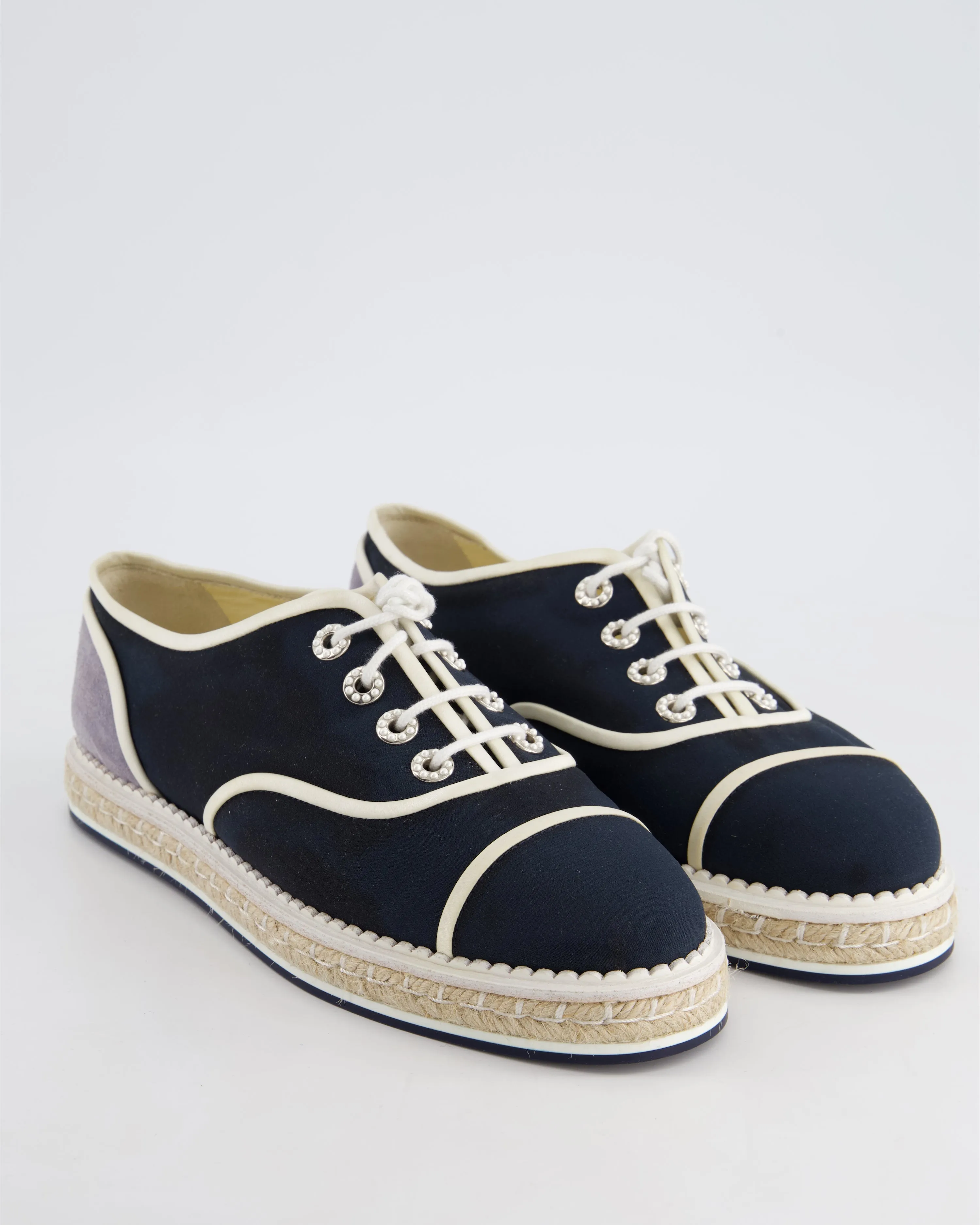 Chanel Navy Raffia Trainer With Suede And Pearl Detail Size Eu 40