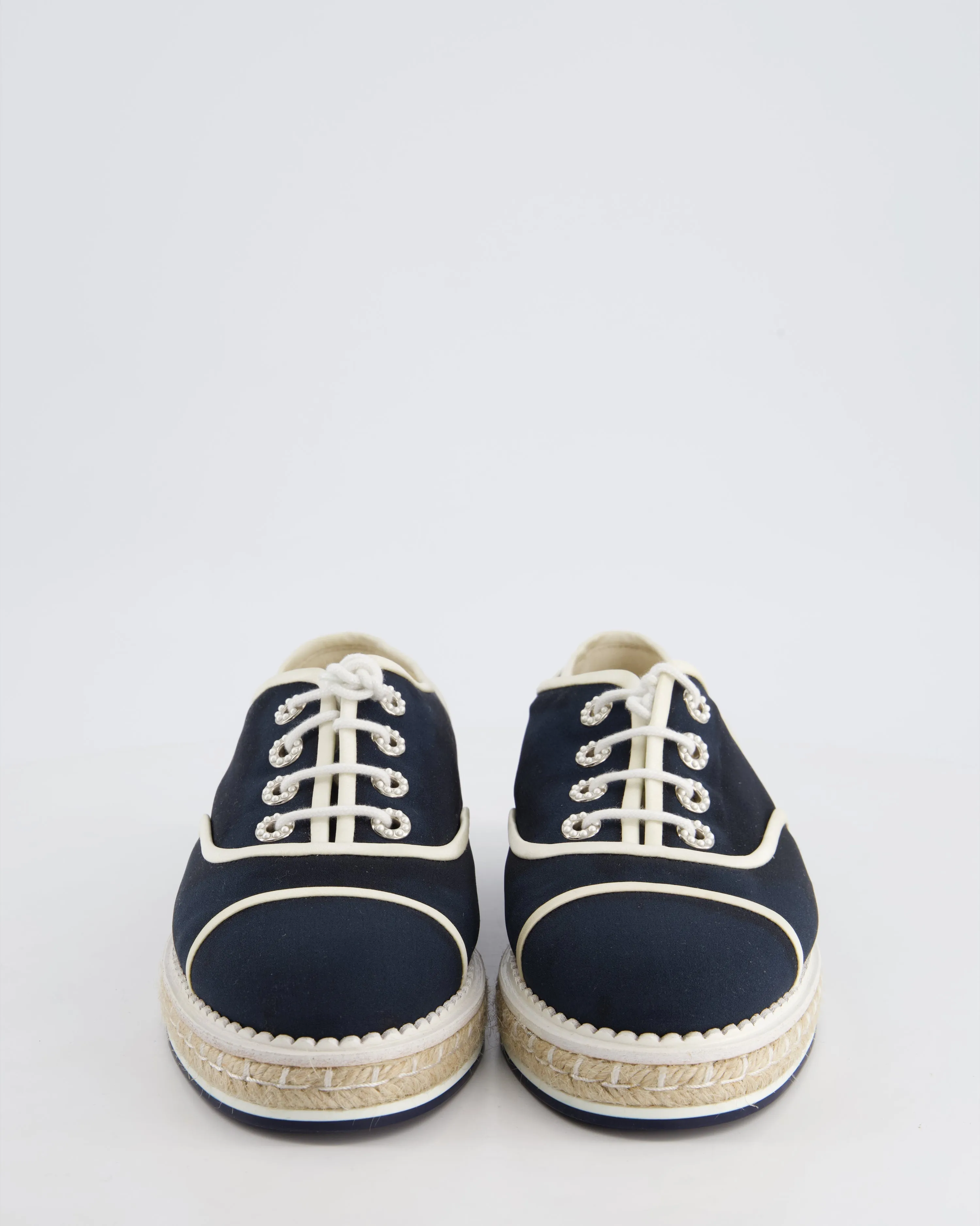 Chanel Navy Raffia Trainer With Suede And Pearl Detail Size Eu 40