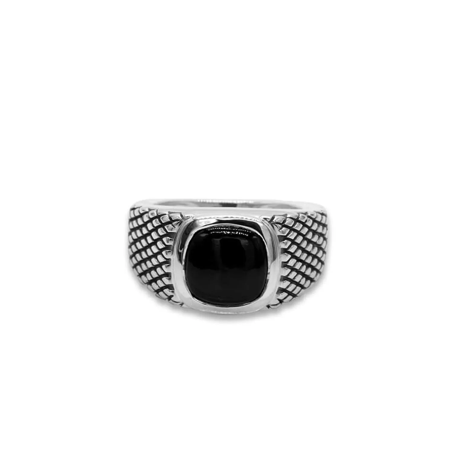 Chequered Signet Ring with Black Onyx Gemstone, in 925 Sterling Silver