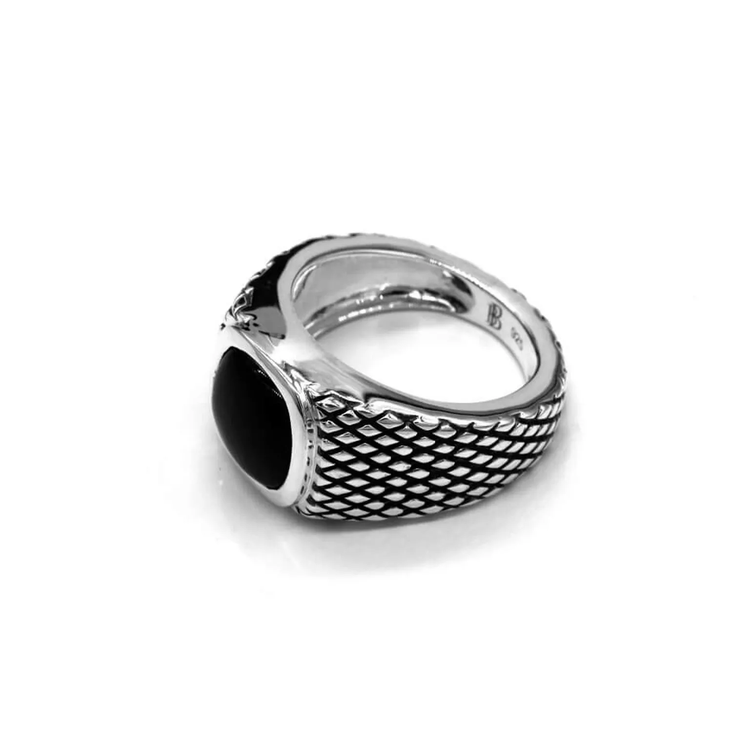 Chequered Signet Ring with Black Onyx Gemstone, in 925 Sterling Silver