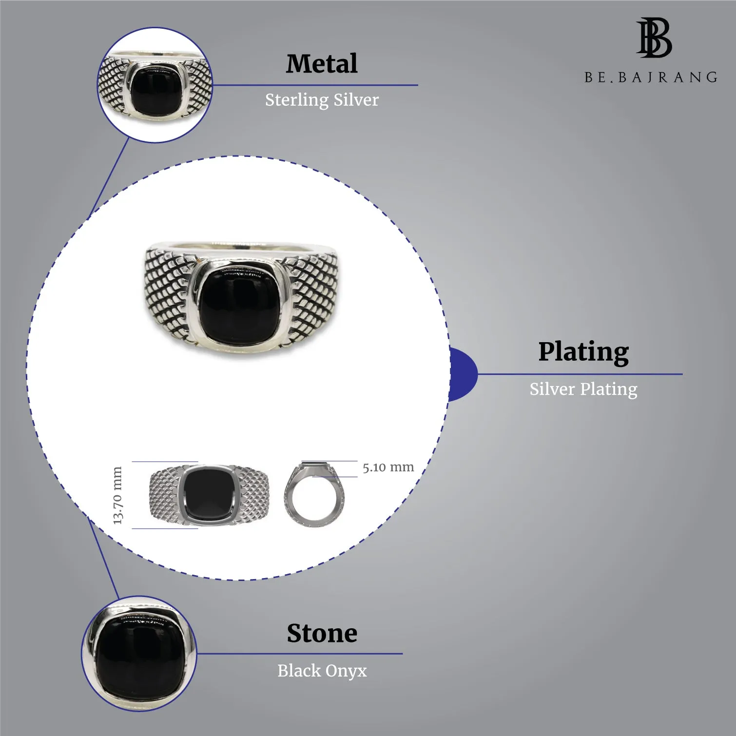 Chequered Signet Ring with Black Onyx Gemstone, in 925 Sterling Silver