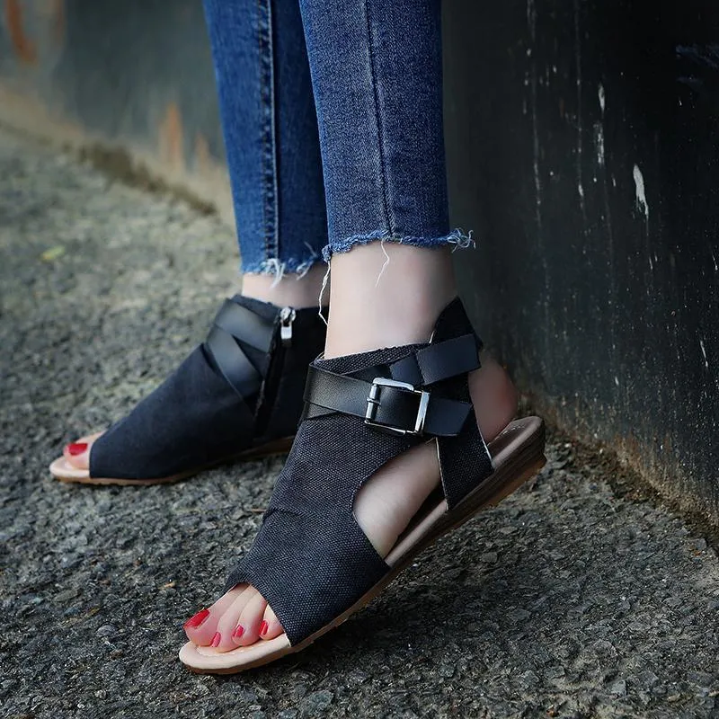 Chicvane Strappy Buckle Ankle Wrap Flat Sandals with Zipper