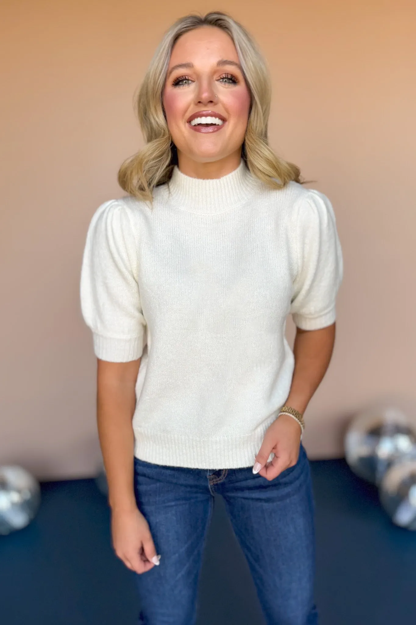 Cream Mock Neck Short Puff Sleeve Sweater *FINAL SALE*