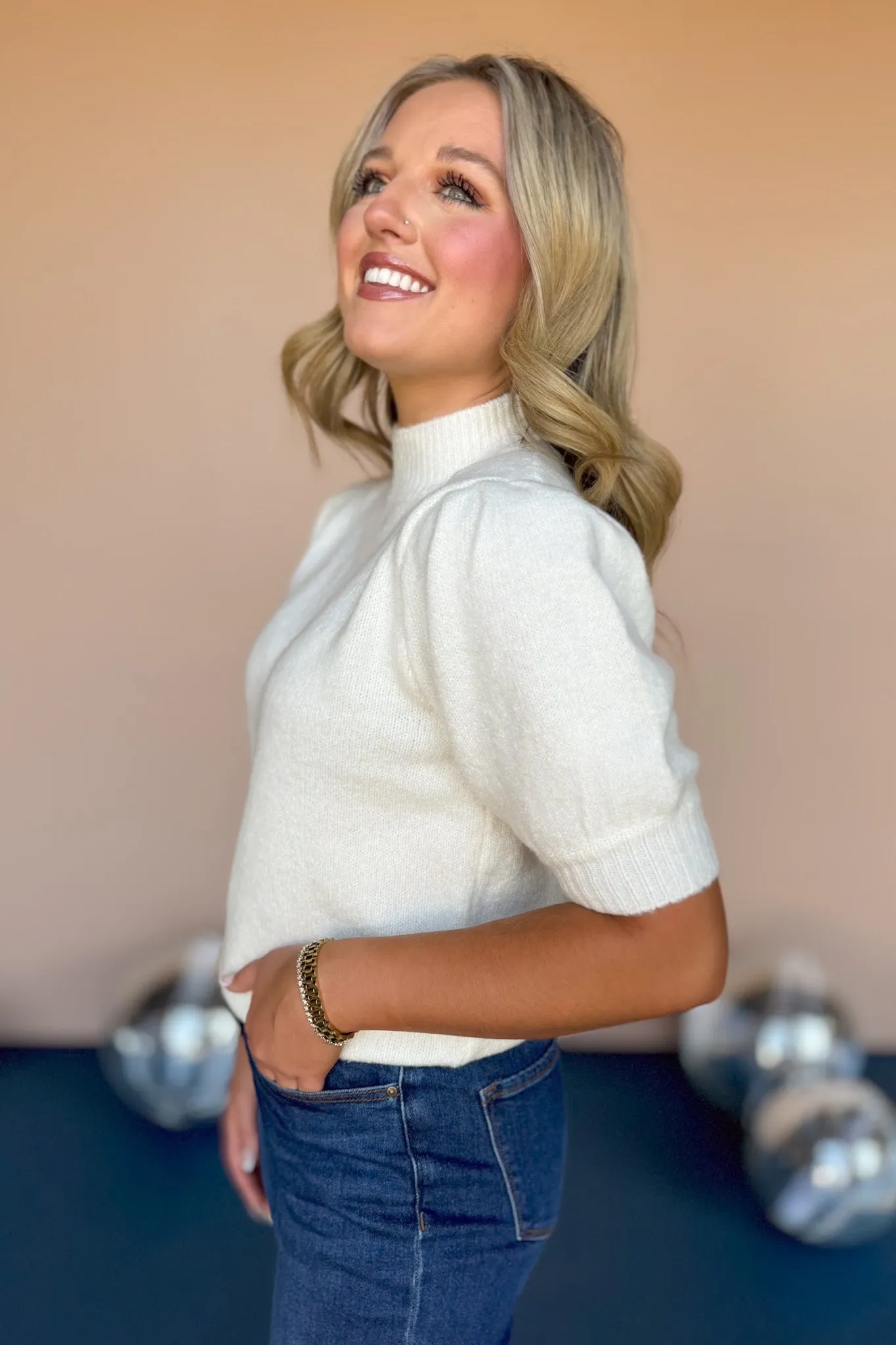 Cream Mock Neck Short Puff Sleeve Sweater *FINAL SALE*