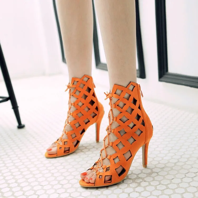 Cut Out Suede Peep Toe Ankle Short Boot High Heels Sandals