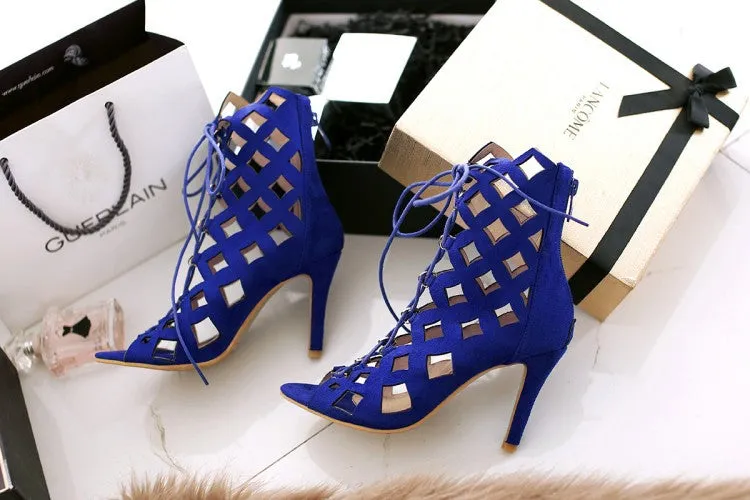 Cut Out Suede Peep Toe Ankle Short Boot High Heels Sandals