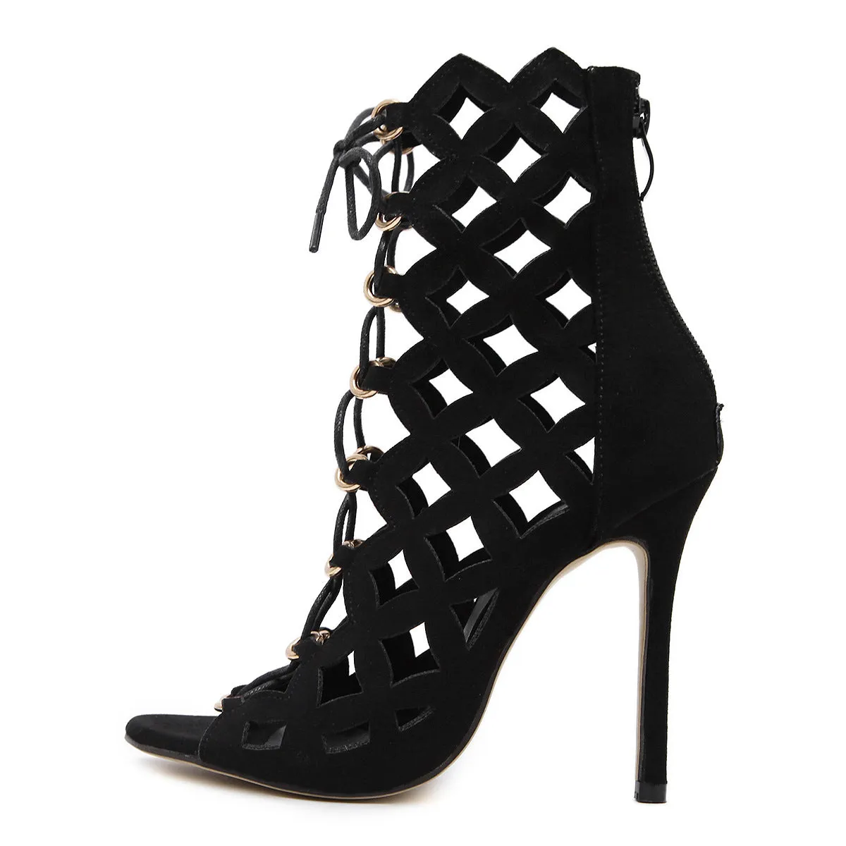 Cut Out Suede Peep Toe Ankle Short Boot High Heels Sandals