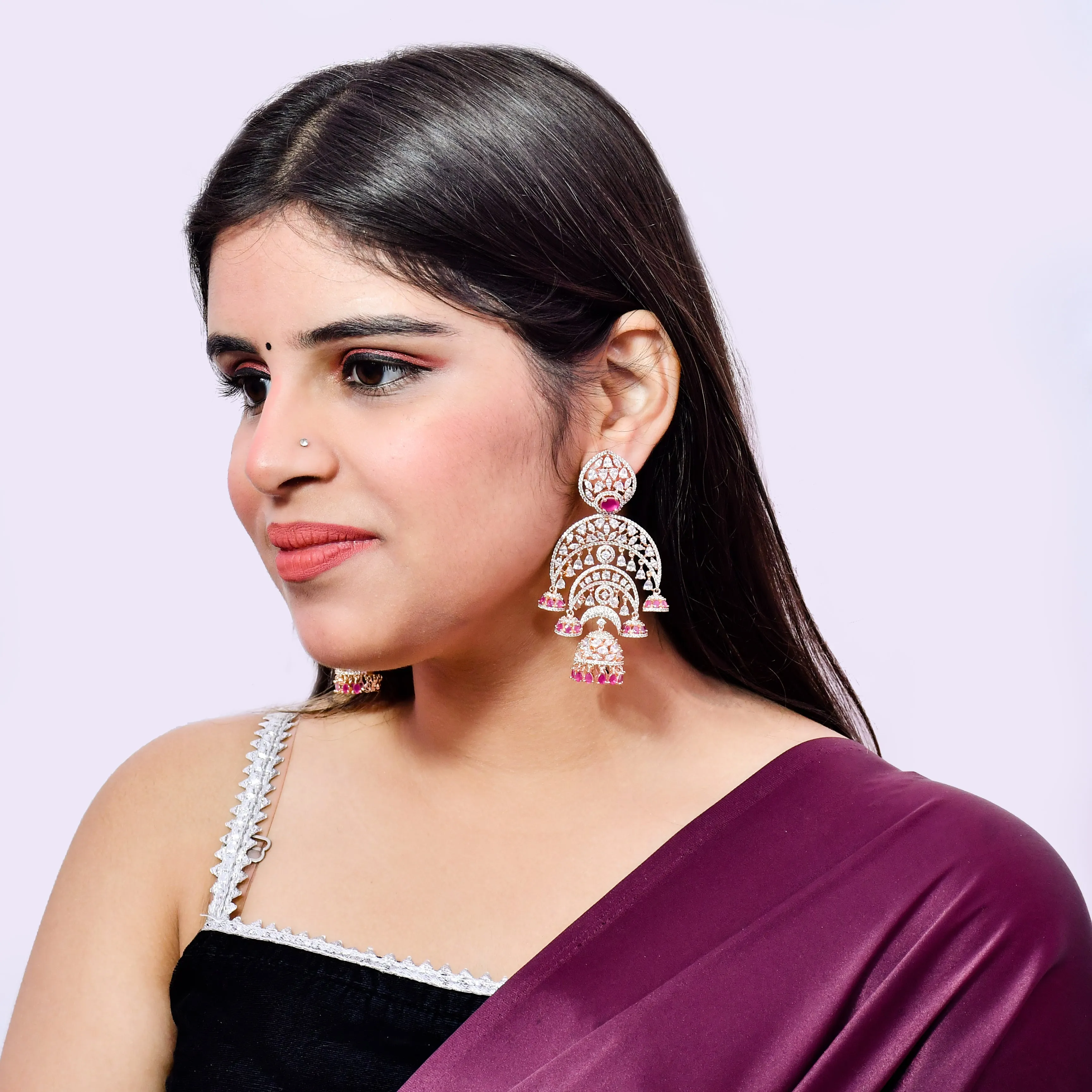 Designer White & Ruby American Diamond Jhumka Styel Earrings (E613)