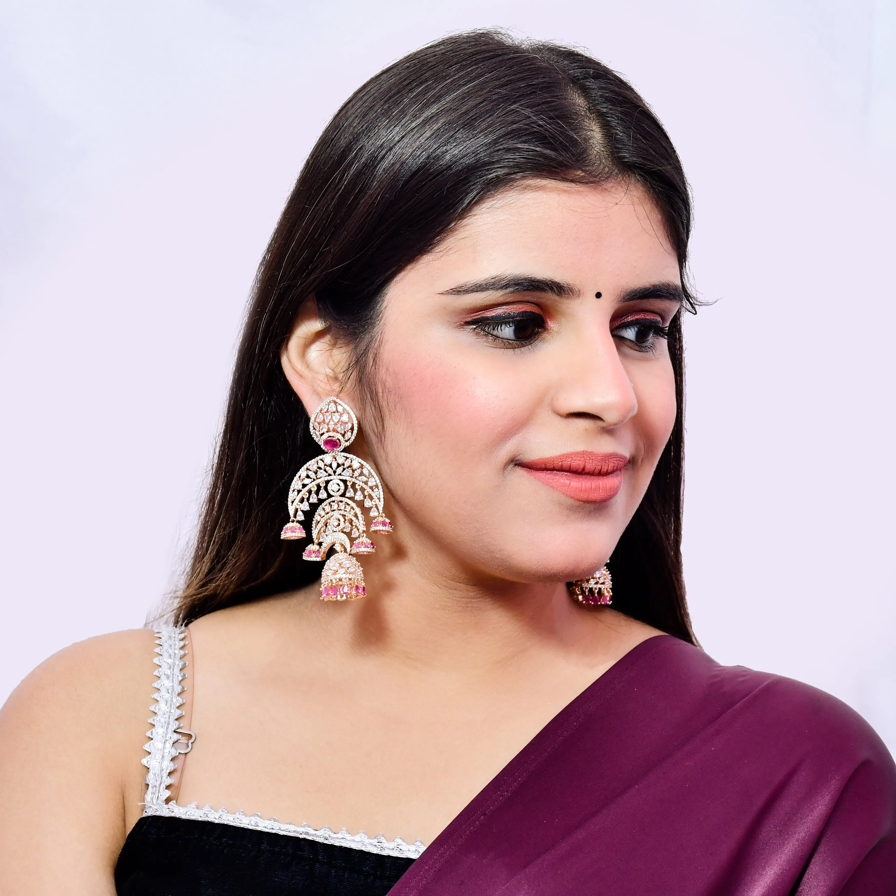 Designer White & Ruby American Diamond Jhumka Styel Earrings (E613)