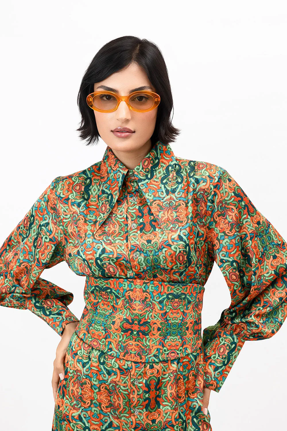 Double-Sided Denim Snakes Print Teal Satin Belt