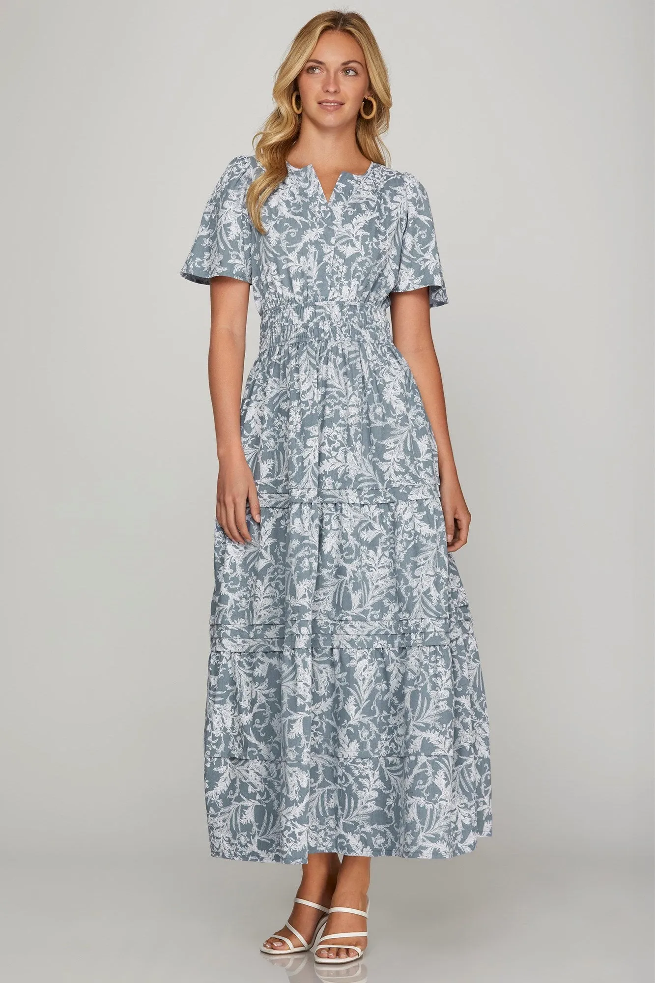 Elegant Notched Neckline Tiered Maxi Dress