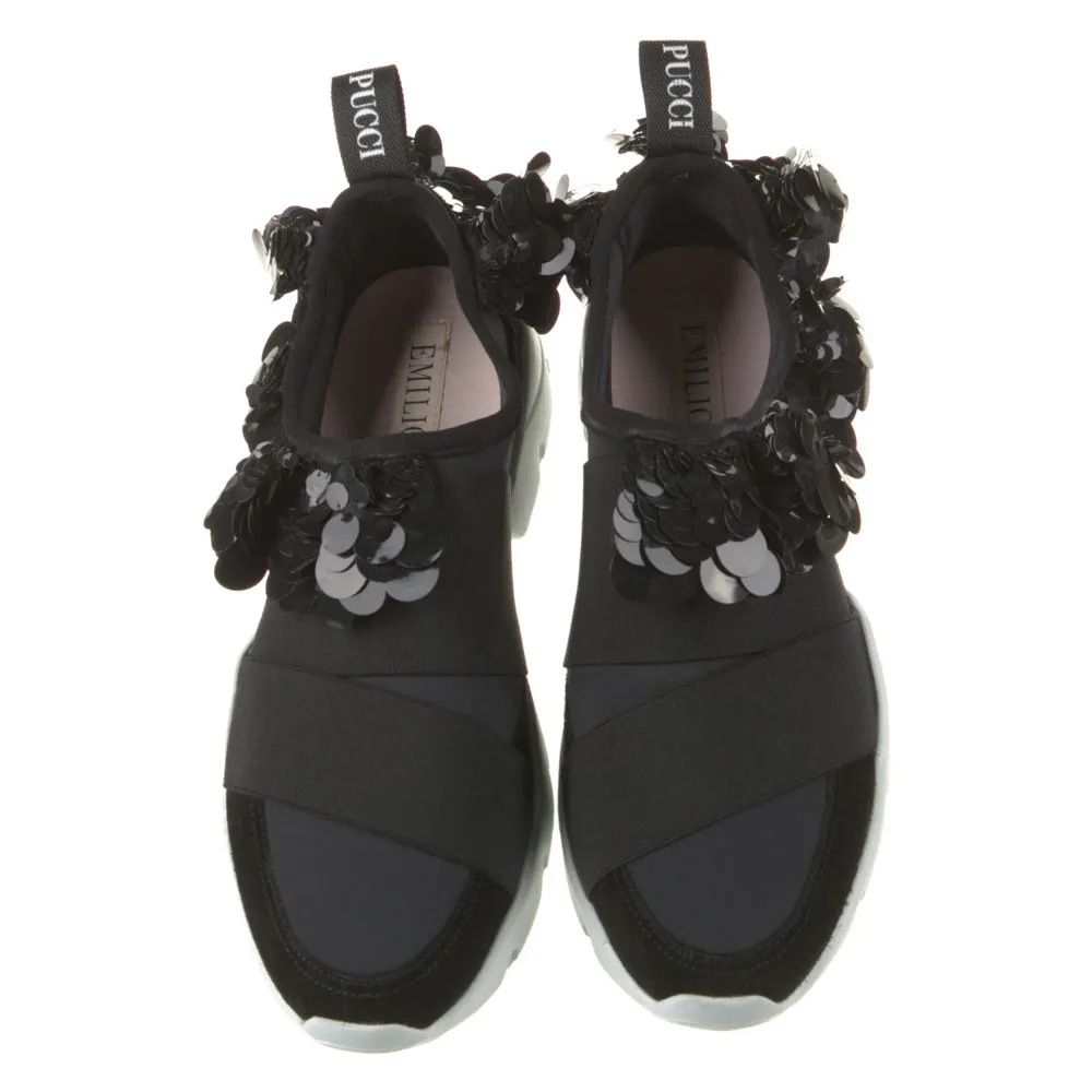 Emilio Pucci Black City One Sequin Ruffle Sneakers 38