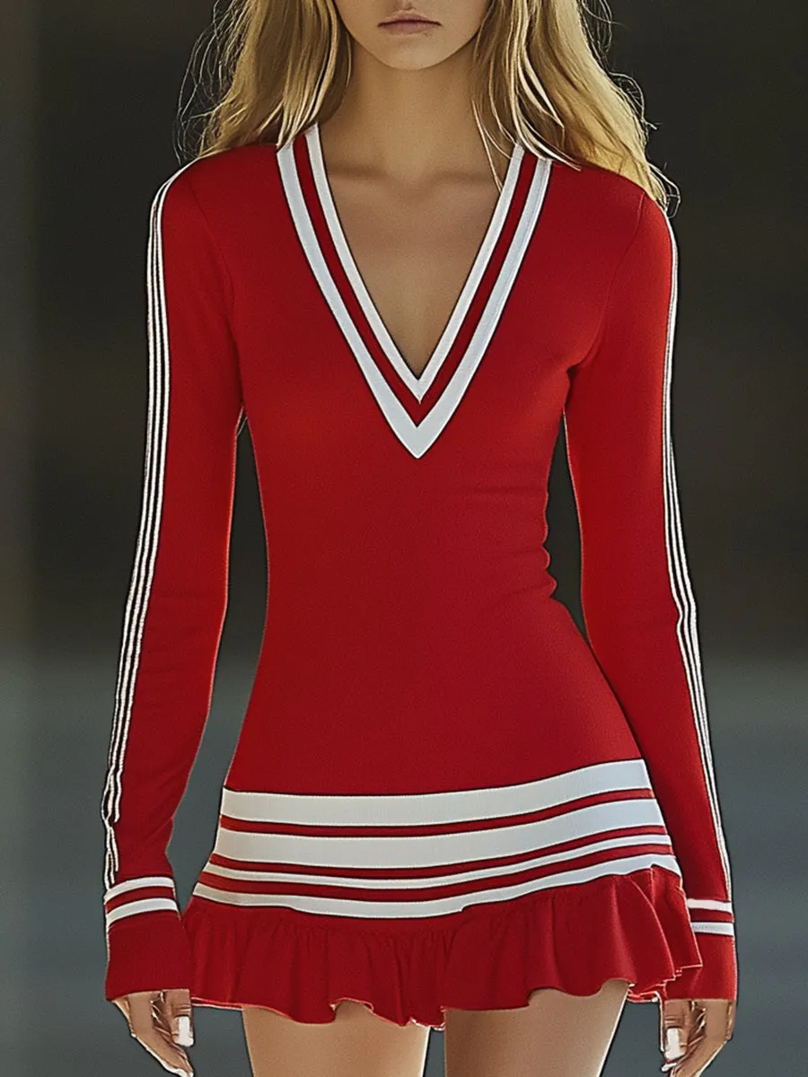 Fashionable Sports White Striped Red V-neck Long Sleeve Mini Dress