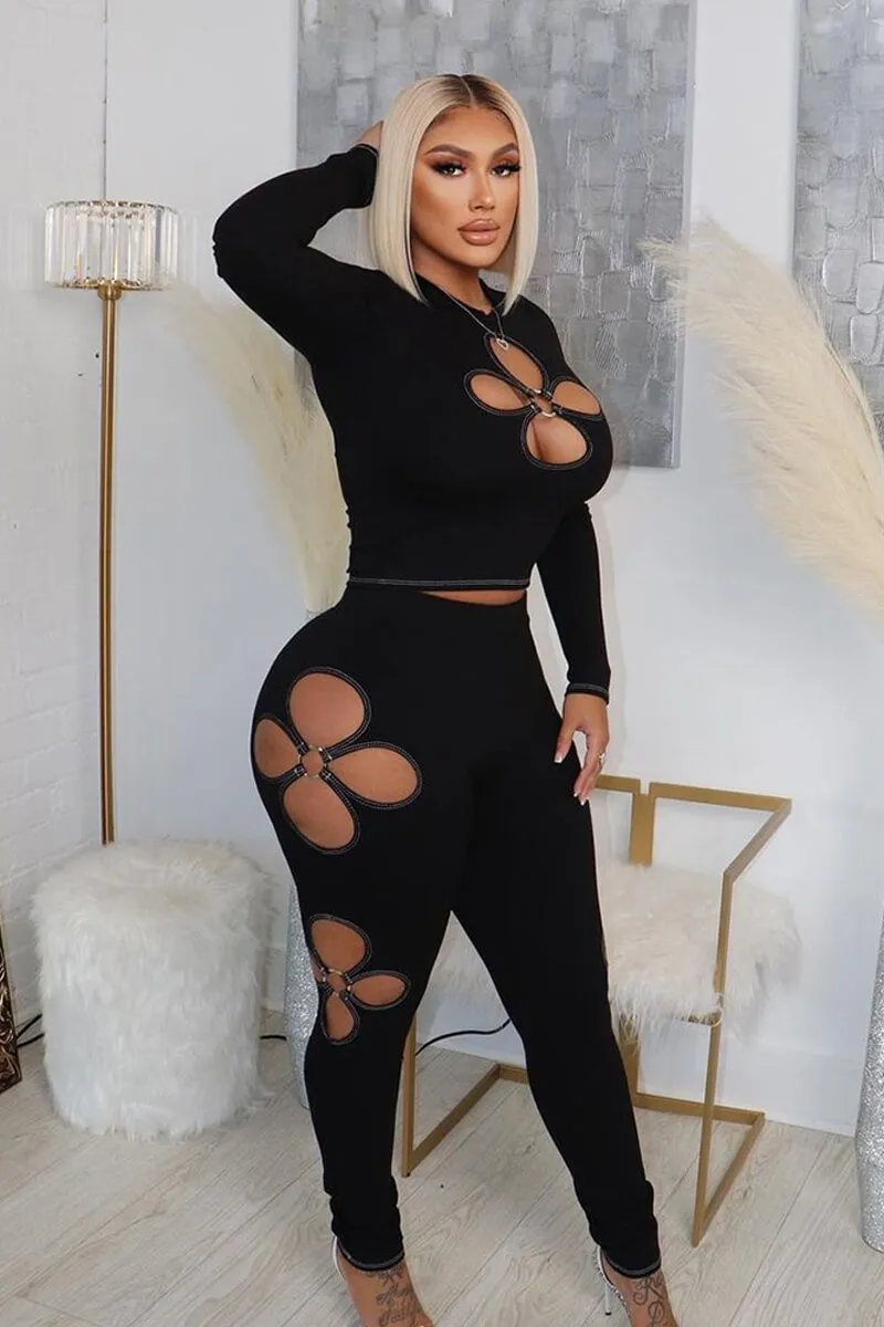 Flower Cut Out Ribbed Skinny Pants Set