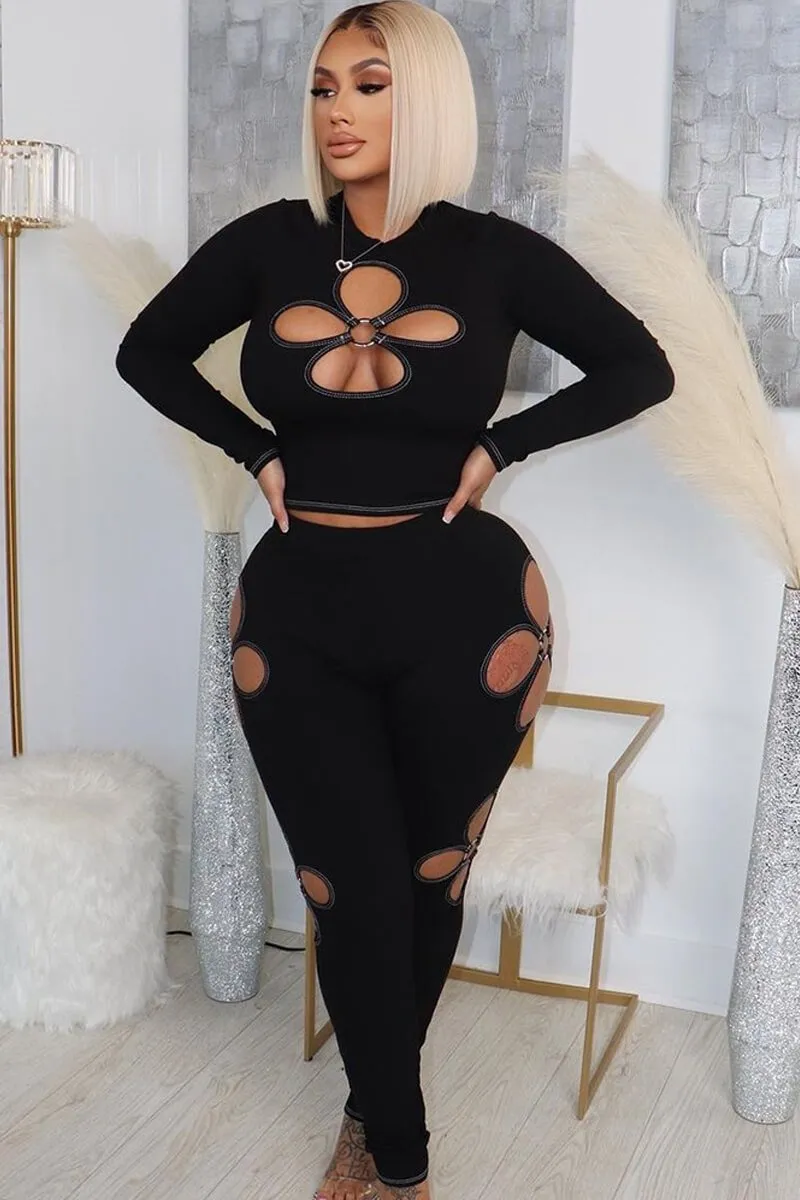 Flower Cut Out Ribbed Skinny Pants Set