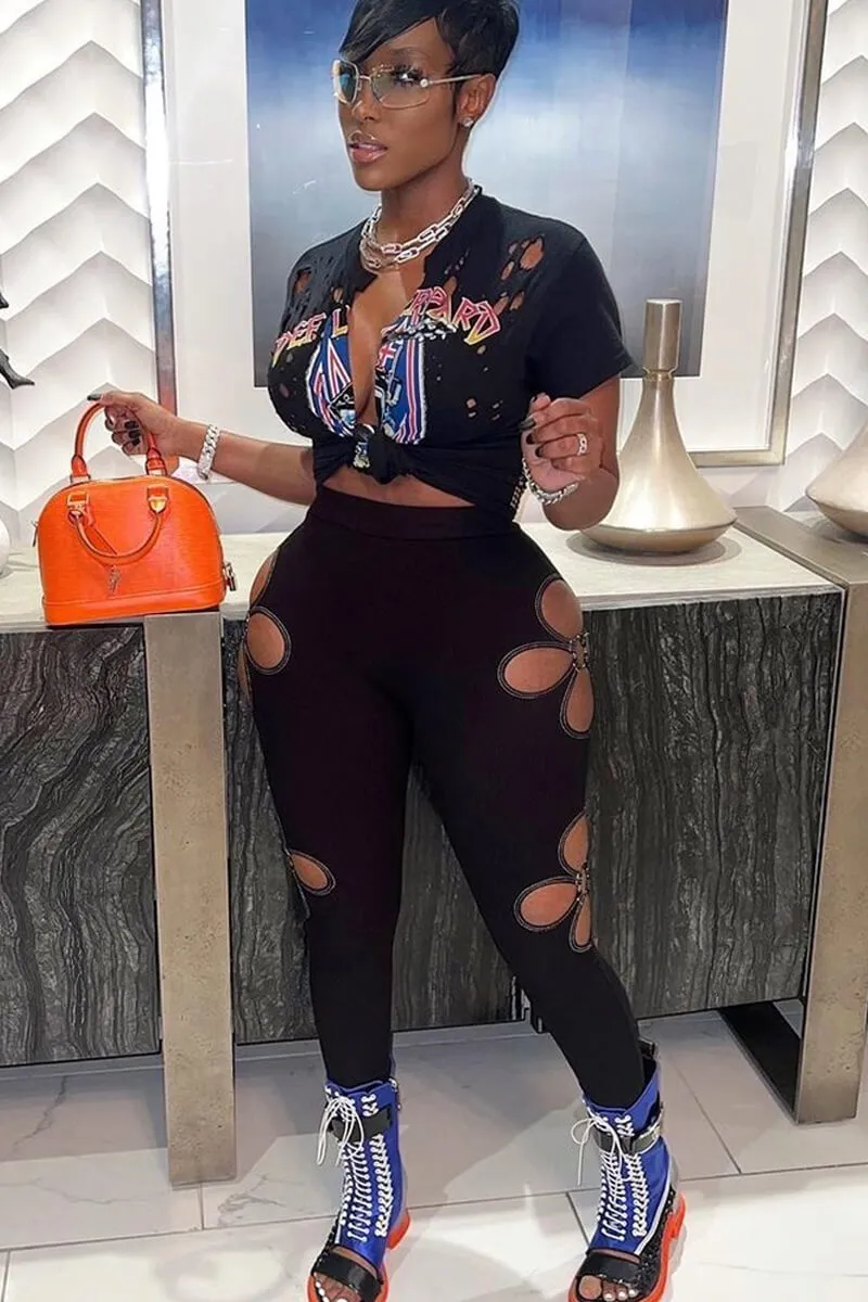Flower Cut Out Ribbed Skinny Pants Set