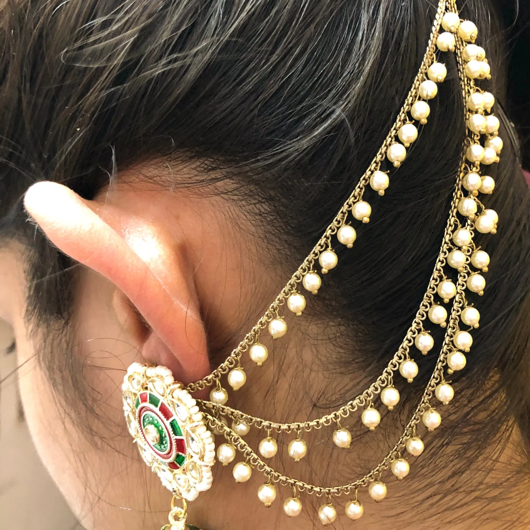Gold Plated Beautiful Beads Kanoti Ear Chain For Women (E751)