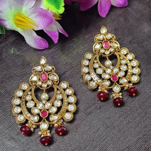 Gold Plated Beautifully Royal Kundan & Ruby Beaded Earrings (E605)
