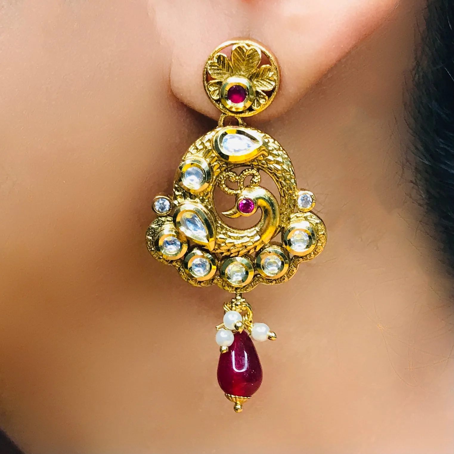 Gold Plated Beautifully Royal Kundan & Ruby Beaded Earrings (E713)