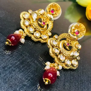 Gold Plated Beautifully Royal Kundan & Ruby Beaded Earrings (E713)