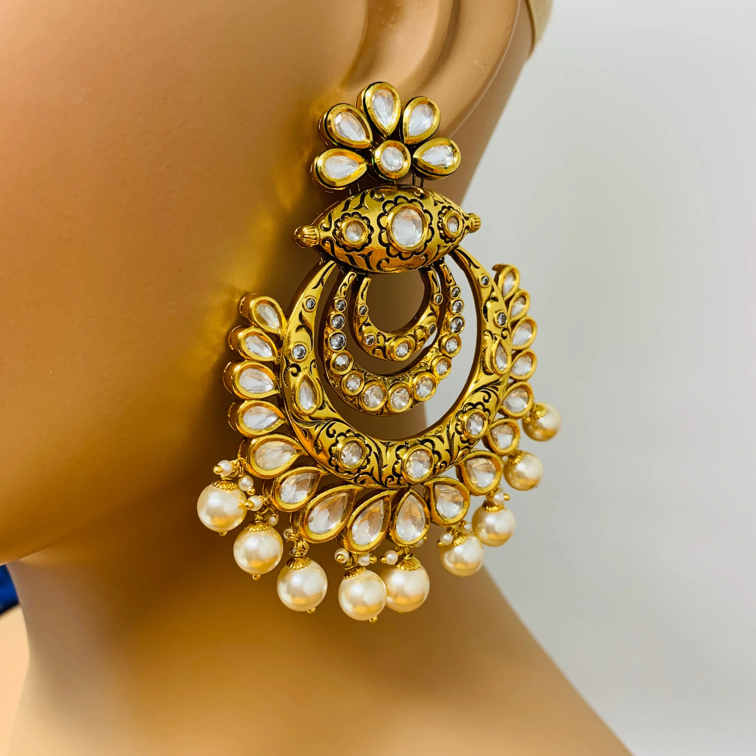Gold Plated Beautifully Royal Kundan Beaded Earrings (E354)