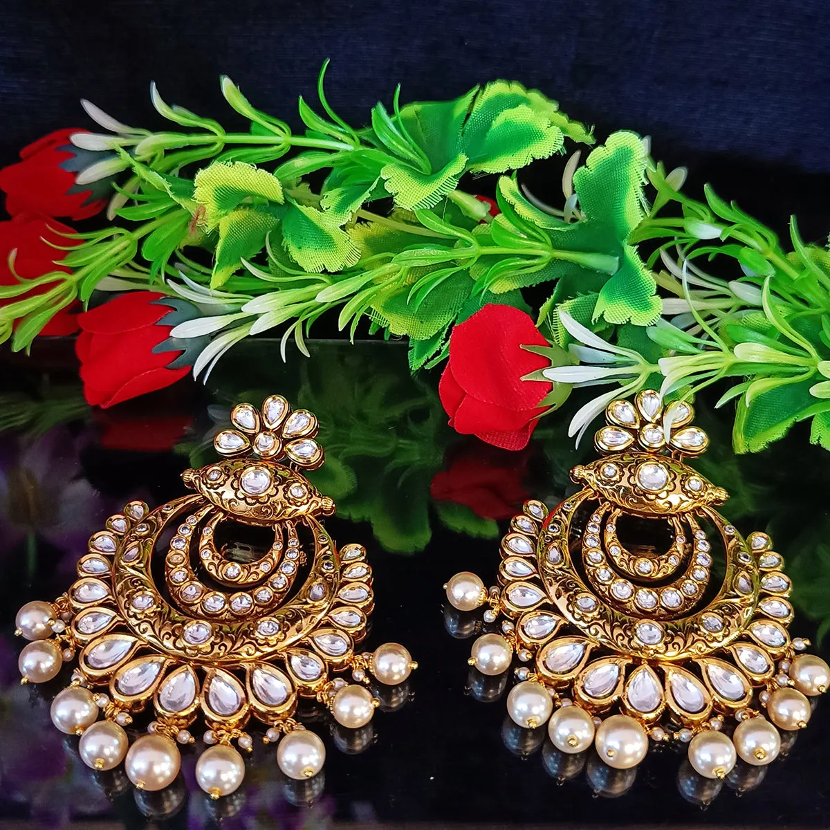 Gold Plated Beautifully Royal Kundan Beaded Earrings (E354)