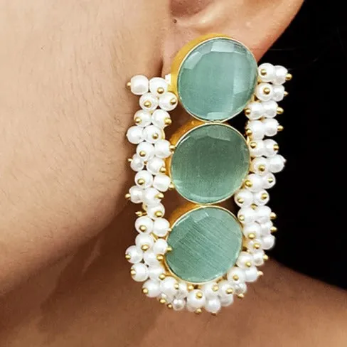 Golden Beautifully Light Green Stone/Pearl Traditional Earrings (E268)