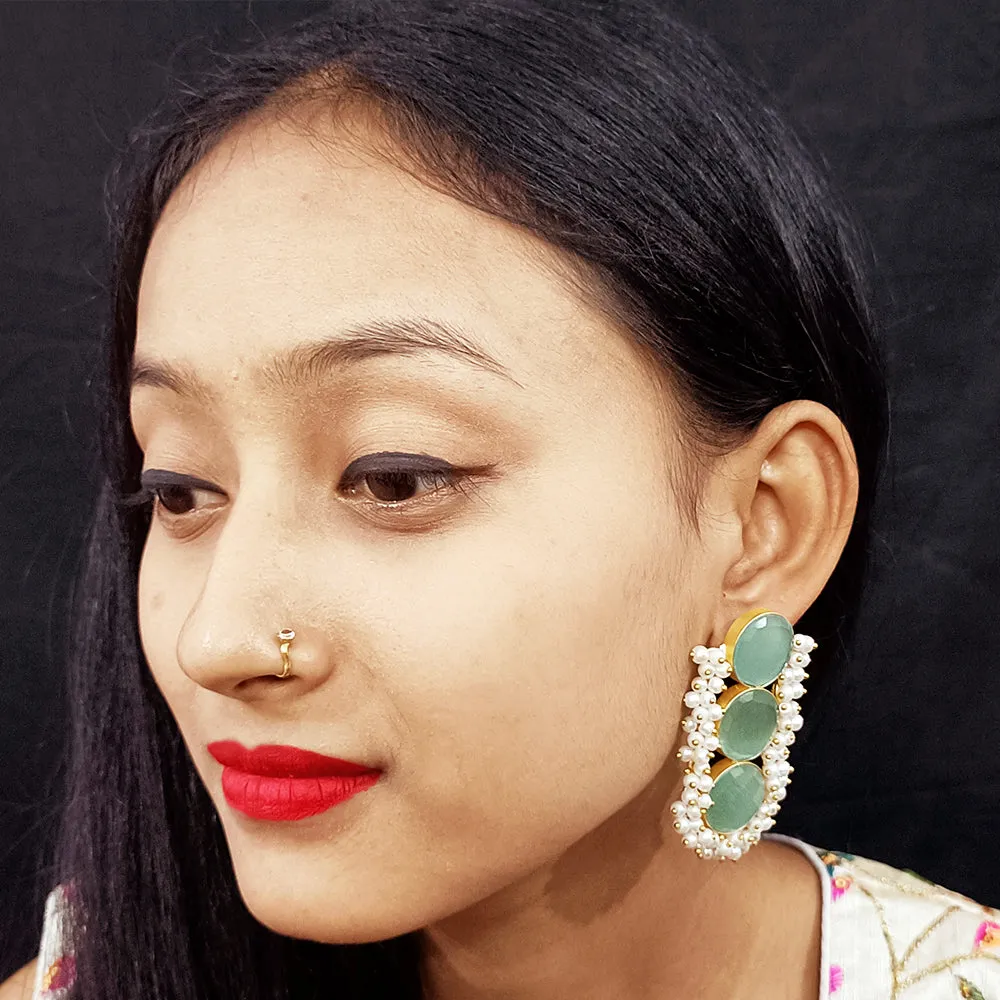 Golden Beautifully Light Green Stone/Pearl Traditional Earrings (E268)
