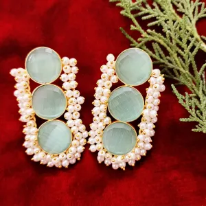Golden Beautifully Light Green Stone/Pearl Traditional Earrings (E268)