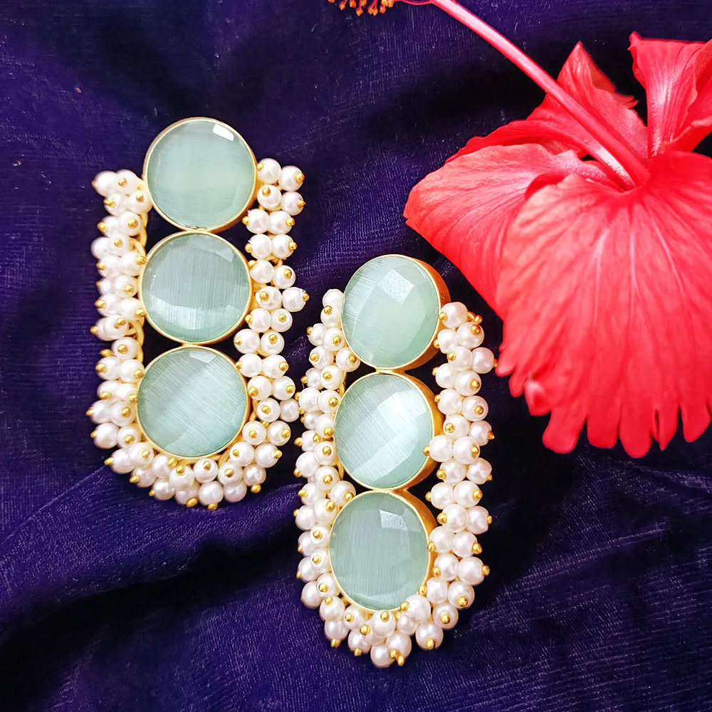 Golden Beautifully Light Green Stone/Pearl Traditional Earrings (E268)