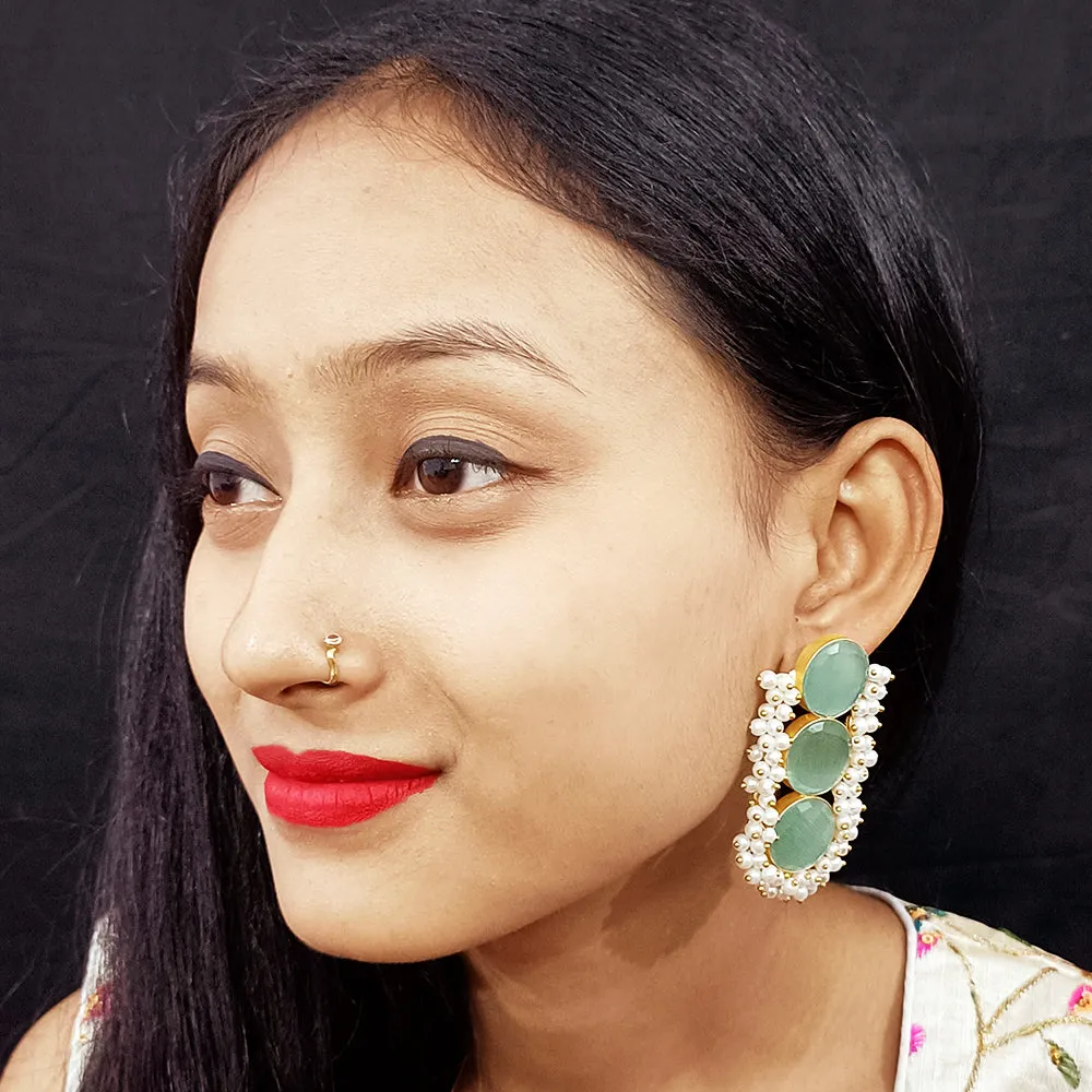 Golden Beautifully Light Green Stone/Pearl Traditional Earrings (E268)