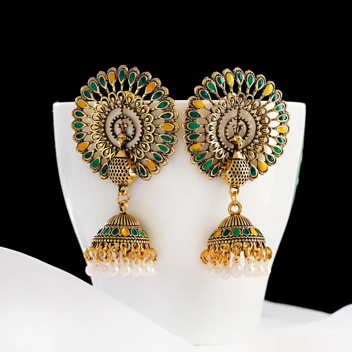Golden Oxidized Green/Yellow Color Traditional Jhumki Earrings (E231)