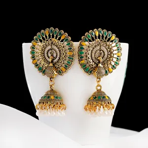 Golden Oxidized Green/Yellow Color Traditional Jhumki Earrings (E231)