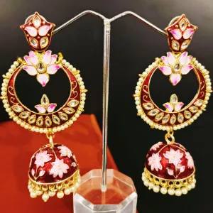 Golden Tone Red Color Traditional Jhumki Earrings (E298)