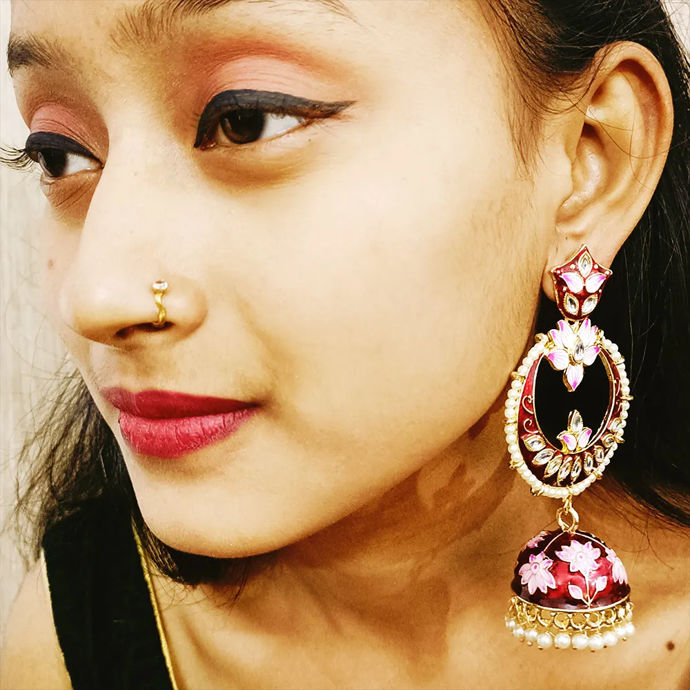Golden Tone Red Color Traditional Jhumki Earrings (E298)