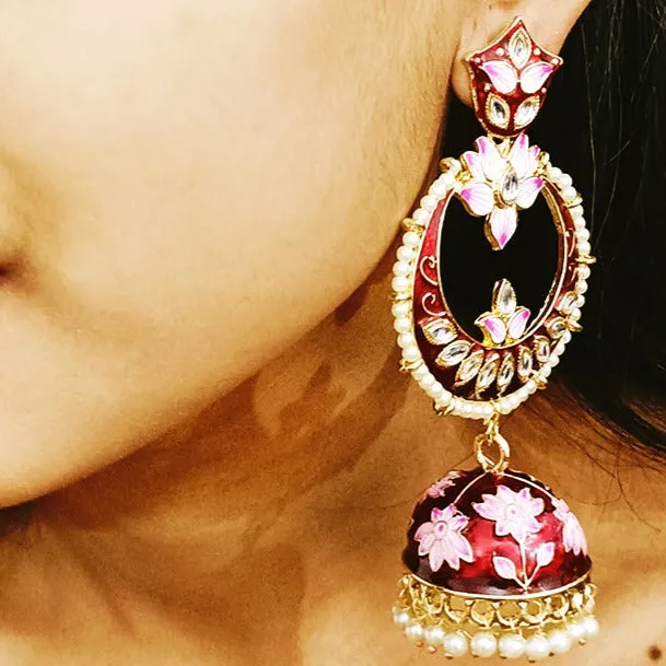 Golden Tone Red Color Traditional Jhumki Earrings (E298)