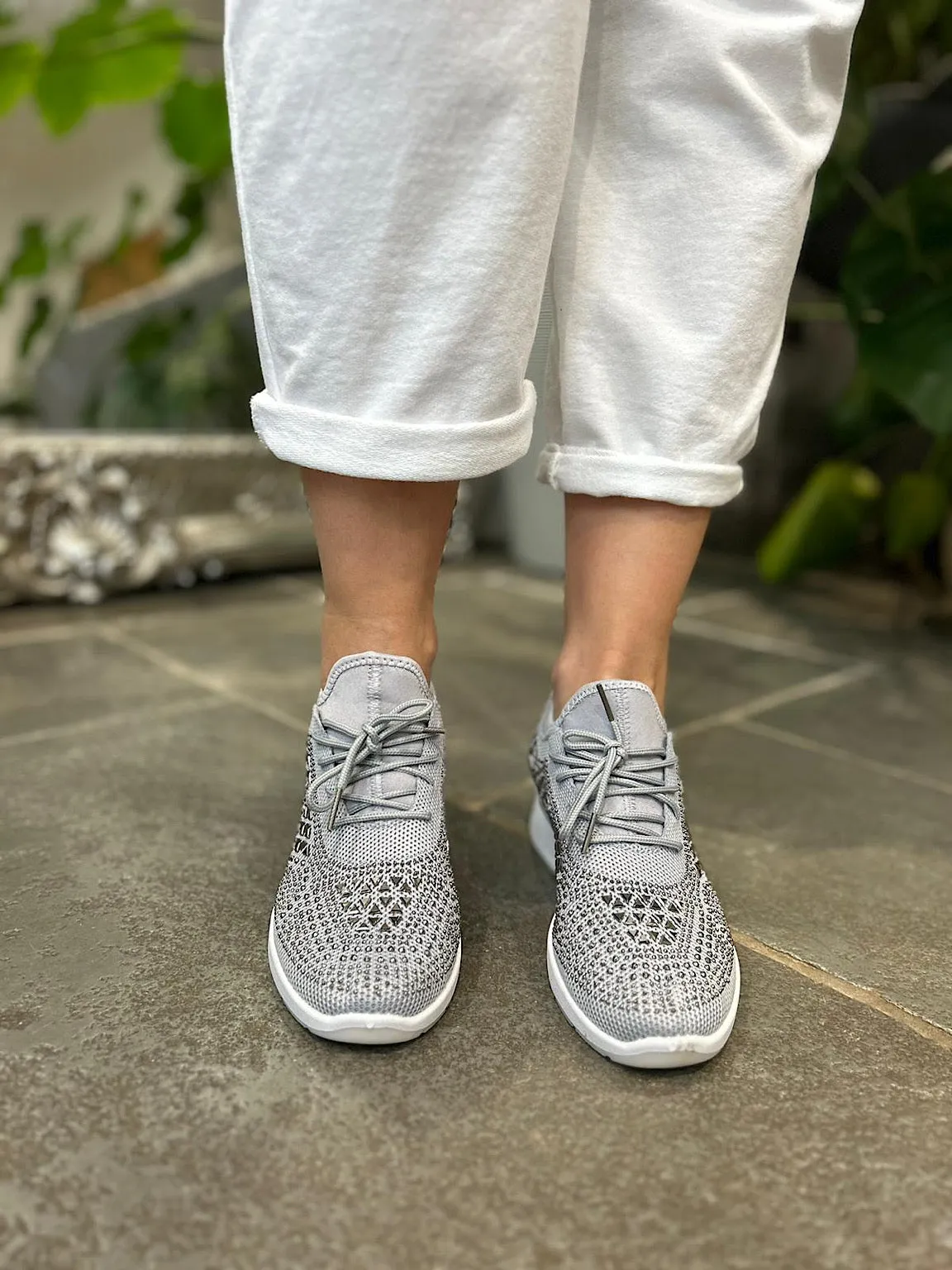 Grey Embellished Wedge Trainer