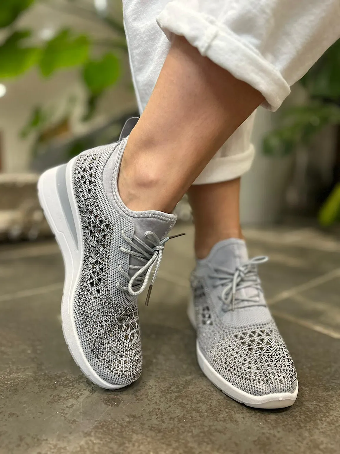 Grey Embellished Wedge Trainer