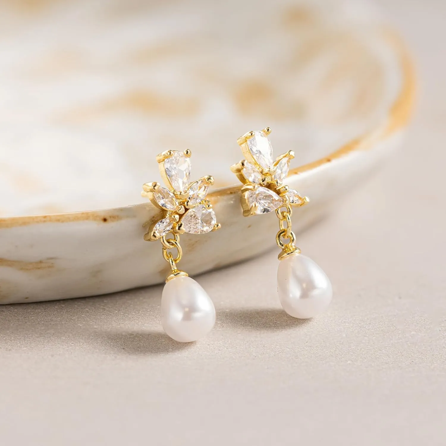 HANLI 14K Gold Plated Wedding Prom Pearl Elegant Earrings for Brides - Gold CZ Dangle Drop Cute Bridal Earring for Women Dainty Dangling Stud Earrings Jewelry Trendy