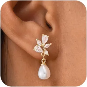 HANLI 14K Gold Plated Wedding Prom Pearl Elegant Earrings for Brides - Gold CZ Dangle Drop Cute Bridal Earring for Women Dainty Dangling Stud Earrings Jewelry Trendy