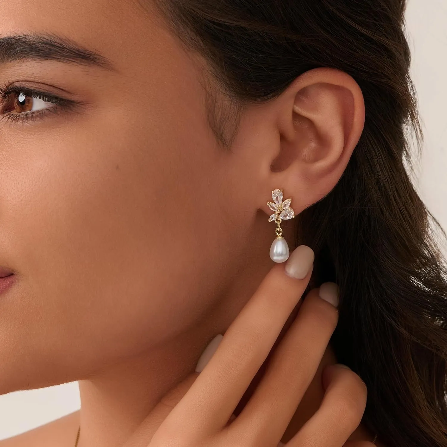 HANLI 14K Gold Plated Wedding Prom Pearl Elegant Earrings for Brides - Gold CZ Dangle Drop Cute Bridal Earring for Women Dainty Dangling Stud Earrings Jewelry Trendy