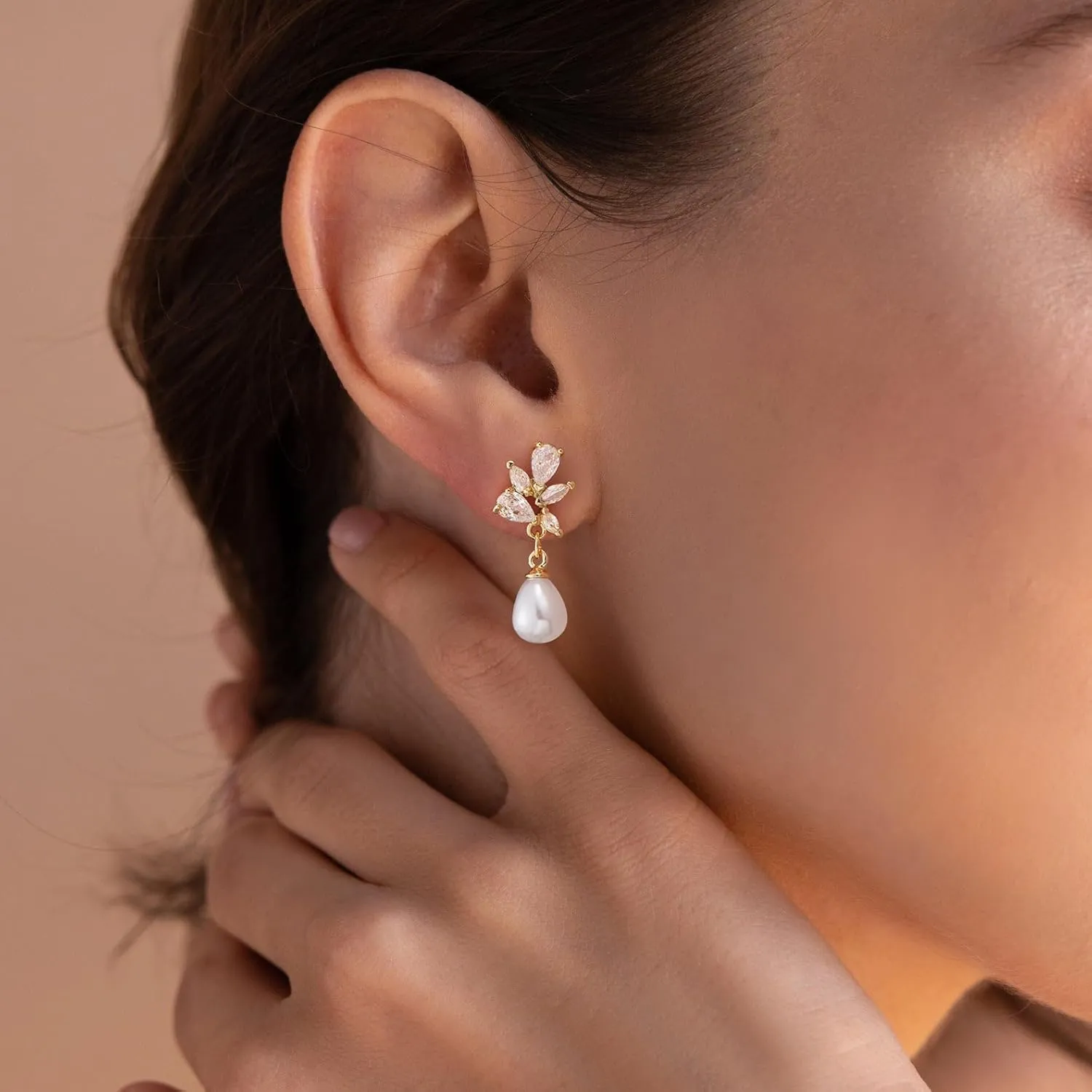 HANLI 14K Gold Plated Wedding Prom Pearl Elegant Earrings for Brides - Gold CZ Dangle Drop Cute Bridal Earring for Women Dainty Dangling Stud Earrings Jewelry Trendy