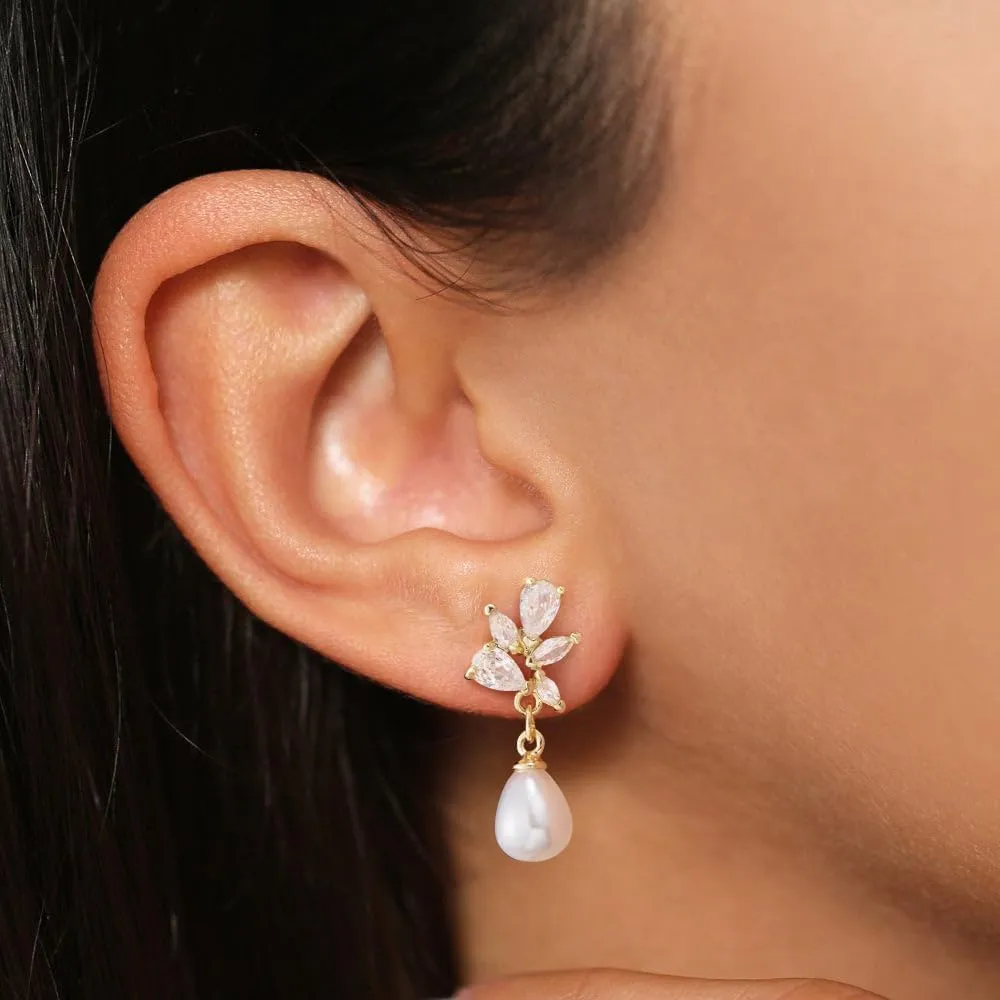 HANLI 14K Gold Plated Wedding Prom Pearl Elegant Earrings for Brides - Gold CZ Dangle Drop Cute Bridal Earring for Women Dainty Dangling Stud Earrings Jewelry Trendy