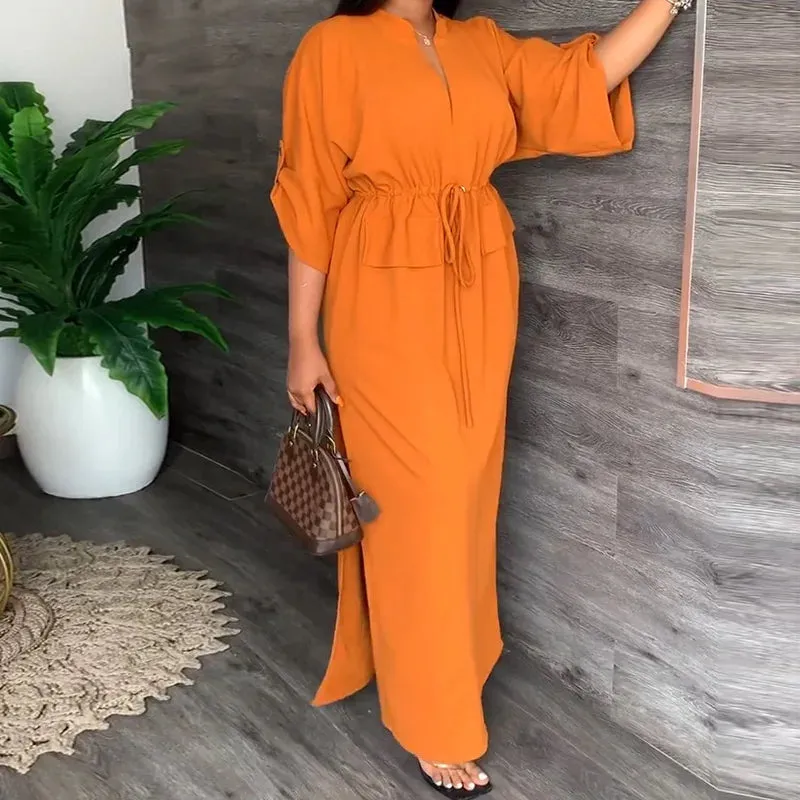 Ins Color High Waist Pencil Long Sleeve Split Dress