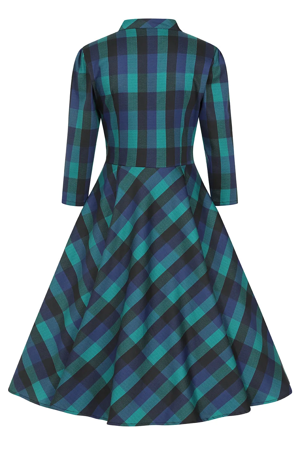 Louisa 1950s Blue Black Green Check 3 Quarter Sleeve Swing Dress - size 22