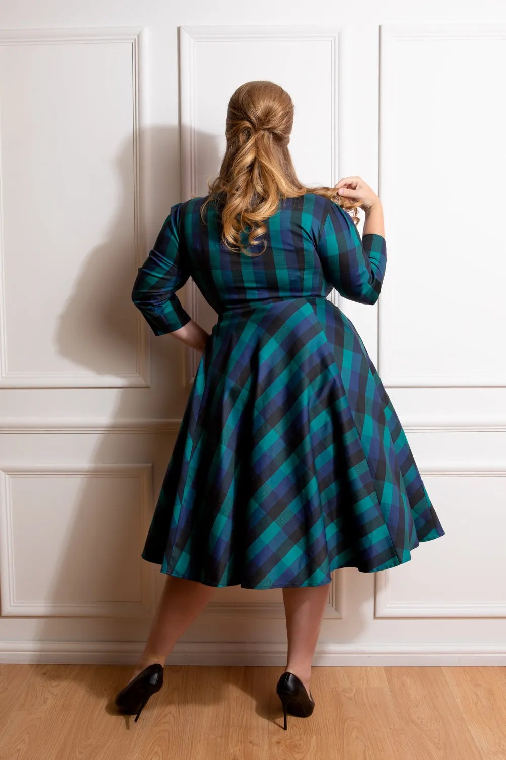 Louisa 1950s Blue Black Green Check 3 Quarter Sleeve Swing Dress - size 22