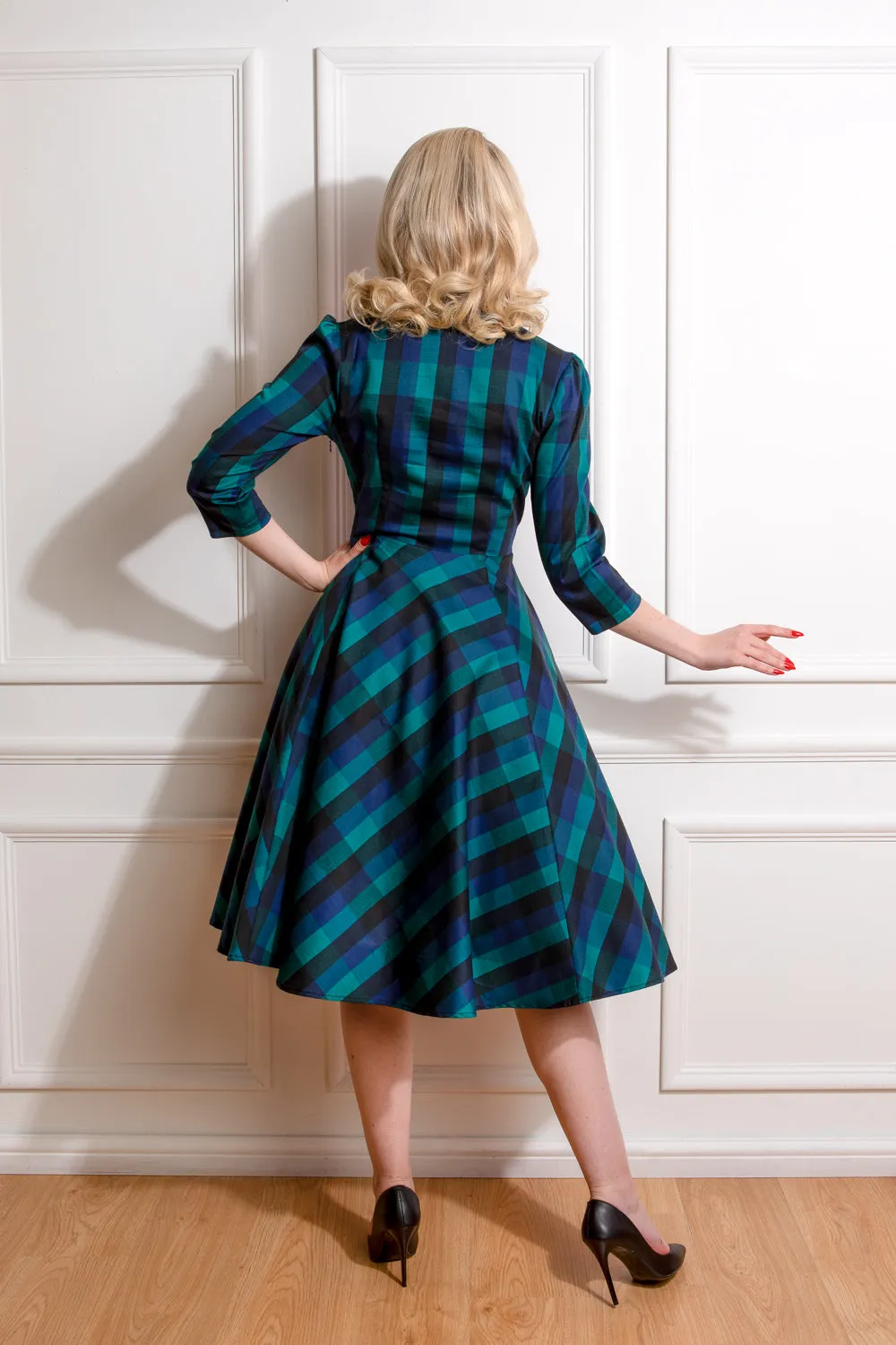 Louisa 1950s Blue Black Green Check 3 Quarter Sleeve Swing Dress - size 22